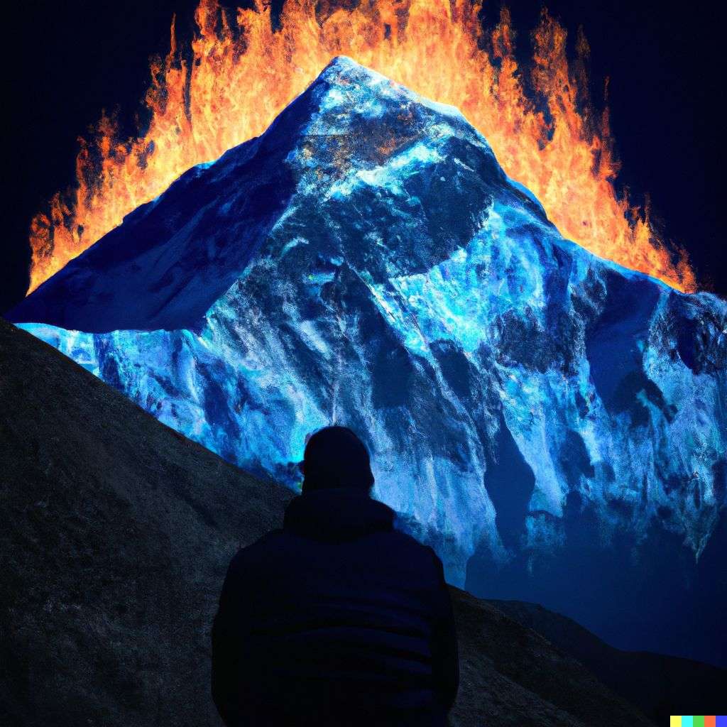 someone gazing at Mount Everest, fire art